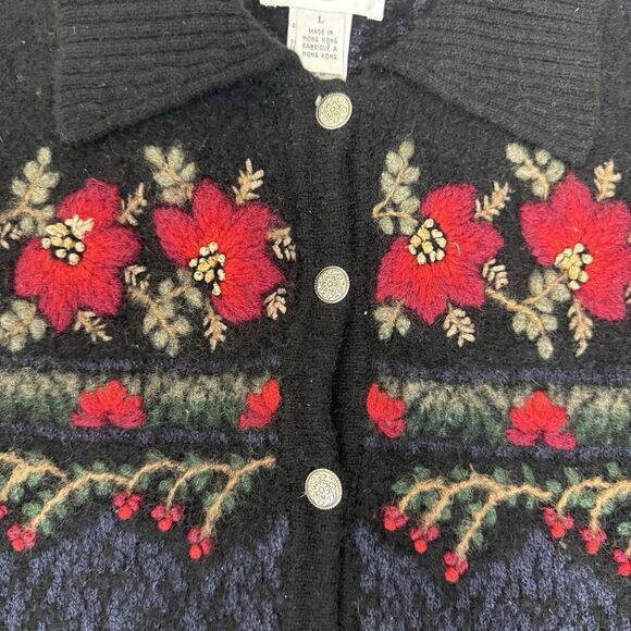 Talbots Lambswool Silk Dark Floral Embroidered Cardigan Sweater Large Hong Kong - Picture 4 of 11